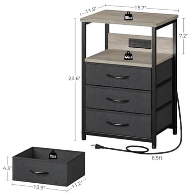 Seventable Nightstand with Charging Station and LED Light, Side Table with 3 Fabric Drawers, Bedside End Table with USB Ports and Outlets, Night Stand for Bedroom, Greige - Image 3