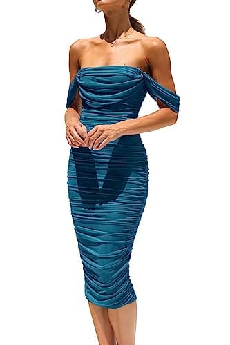 PRETTYGARDEN Wedding Guest Dress 2025 Summer Off Shoulder Ruched Elegant Sexy Bodycon Homecoming Cocktail Party Midi Dress (Lake Blue,X-Large) - Image 1