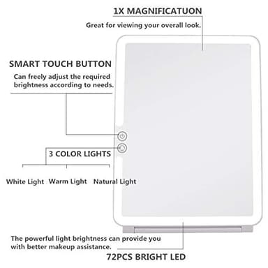 deweisn Folding Lighted Makeup Mirror with 72 LEDs 3 Colors Light Modes USB Rechargable 1800mA Batteries Portable Ultra Thin Compact Vanity Mirror Dimmable Travel Mirror - Image 3
