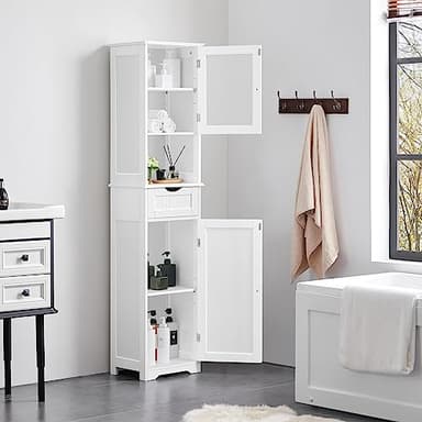 Yaheetech Tall Bathroom Storage Cabinet 67″, Wooden Floor Cabinet with Glass Door, Freestanding StorageOrganizer with Adjustable Shelves, 1 Drawer and Open Storage for Bathroom, Kitchen, Living Room - Image 2