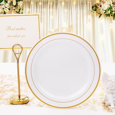 I00000 144 Small Plastic Dessert Plates Set Include 72 Pcs Gold Dessert Plates 7.5" with 72 Pcs Forks 7.5",Disposable Cake Plate,Fancy White Gold Plastic Small Plates for Party - Image 6