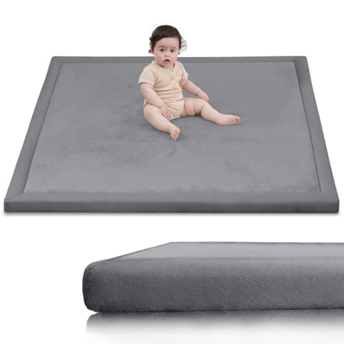 Huloo Sleep Ultra Soft Baby Play Mat for Floor,1.3" Thick Elasti-Foam 50x50 Playpen Mat for Toddlers Infant kids,Water-Repellent Coral Velvet for Tummy Time,Non-Slip Backing Safe for Crawling,Tatami Style (Dark Grey) - Image 1