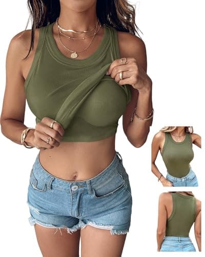 CHICME Tank Tops with Built in Bras Athletic Tank Tops Ribbed Tank Top Running Tops Army Green-L - Image 1