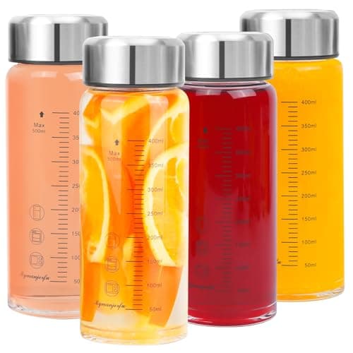 Glass Juice Bottles 4 Pack 16 oz - Wide Mouth Glass Water Bottles with Lids - for Juicing, Smoothies, Milk, Protein, BPA Free, Reusable, Stainless Steel Lids, Leak Proof, Shaker bottle (16oz/500ml) - Image 1