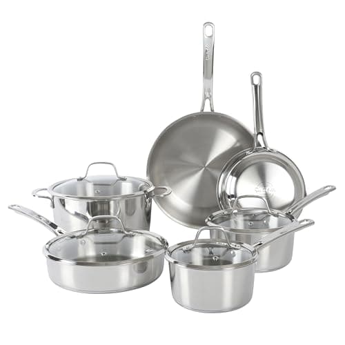 Sur La Table Kitchen Essentials Chef's Deck 10 Piece Stainless Steel Non Toxic Pots and Pans Kitchen Cookware Set w/Triply Encapsulated Base - Induction Safe - Image 1