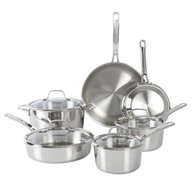 Sur La Table Kitchen Essentials Chef's Deck 10 Piece Stainless Steel Non Toxic Pots and Pans Kitchen Cookware Set w/Triply Encapsulated Base - Induction Safe - Image 1