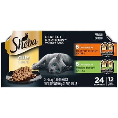 Sheba Perfect Portions Wet Cat Food Cuts in Gravy Variety Pack, Roasted Chicken Entree and Tender Turkey Entree, 2.6 oz. Twin-Pack Trays (12 Count, 24 Servings) - Image 1