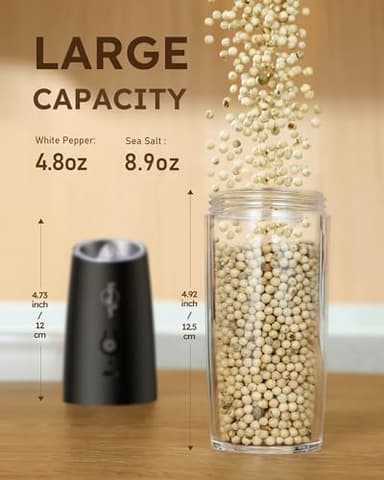 Sangcon Gravity Electric Salt and Pepper Grinder Set Shakers - UPGRADED RECHARGEABLE 9OZ XL Capacity USB-C No Battery Needed - LED Light One Hand Operation, Adjustable Coarseness Automatic Mill Set - Image 6