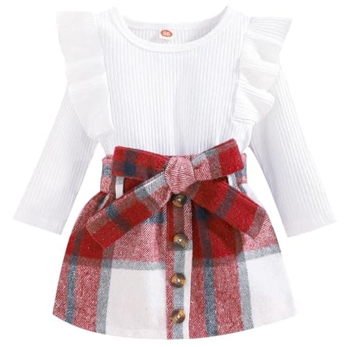 AMAWMW Toddler Baby Girl Christmas Clothes Long Sleeve Ruffle Shirt Buffalo Plaid Skirt Infant Girl Fall Winter A-line Dress - Image 1