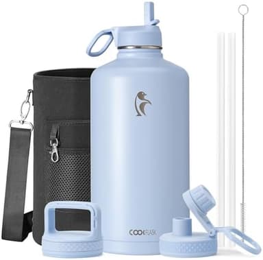Coolflask 128 oz Gallon Water Bottle Insulated with Straw&3 Lids, Water Jug Large Stainless Steel Metal Vacuum Wide Mouth for Sports, Gym or Office, Non-BPA Keep Cold 48H Hot 24H, Light Blue - Image 2