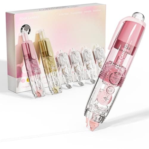 Four Candies Refillable Retractable White Correction Tape, 2PCS White Cute Smooth Push Pull Out Tape with 4 Extra Refills, Aesthetic Pen Shaped Applicator for School Office Supplies (Pink Apricot) - Image 1