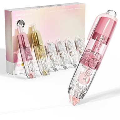 Four Candies Refillable Retractable White Correction Tape, 2PCS White Cute Smooth Push Pull Out Tape with 4 Extra Refills, Aesthetic Pen Shaped Applicator for School Office Supplies (Pink Apricot) - Image 1
