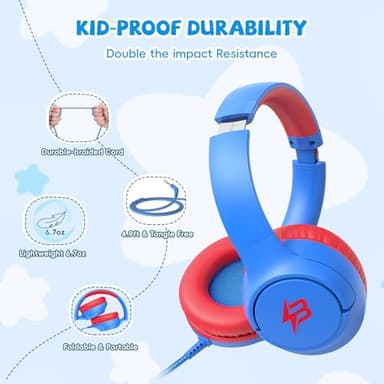 Kids Headphones for School, 85/94 dB Volume Limit, Wired Over Ear Headphones for Kids Boys Girls with Microphone, Foldable Stereo Sound 3.5mm Wired Cord for Kindle Tablet Airplane Travel, Blue - Image 4