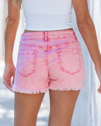 Luvamia Women's Casual Mid Rise Denim Shorts Stretch Ripped Raw Hem Jean Shorts with Fringe Size Large Hot Pink - Image 3