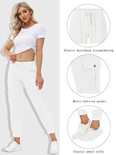 MoFiz Women's Cargo Pants Hiking Joggers Summer Lightweight Quick Dry Athletic Outdoor Sports Sweatpants Travel Casual Button Pockets Rice White XS - Image 2