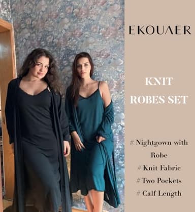 Ekouaer Women's Sexy Nightgown with Robes Set 2 Piece Lace Full Length Knit Soft Nightwear Lightweight Bathrobes Dark Green M - Image 2