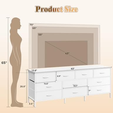 Huuger 63 Inch Dresser for Bedroom, Long Dresser with 10 Fabric Drawers, TV Stand for 55, 65, 70 Inch TV, Toy Storage Organizer for Closet, White - Image 3