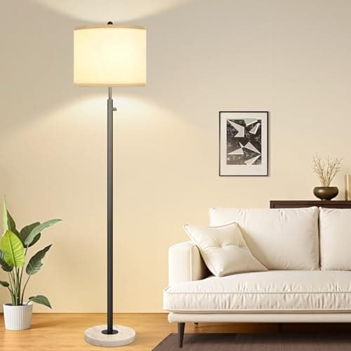 Nintiue Dimmable Floor Lamp for Living Room, 11W LED Bulb Included, Modern Standing Lamp with Marble Base, Tall Pole Light with White Linen Shade for Bedroom Reading Office Corner Nursery-Black - Image 1