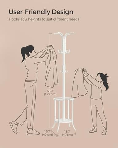 SONGMICS Coat Rack Freestanding, Coat Rack with Umbrella Holder with 12 Hooks, for Entryway, Hallway, Living Room, Bedroom, Pearl White URCR011W01 - Image 6