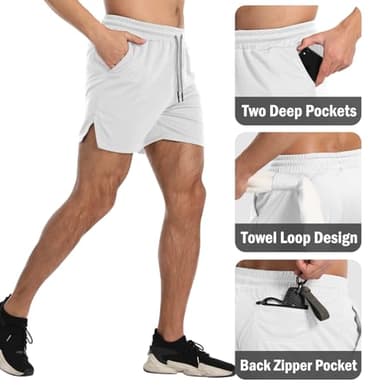 Aolesy Men's Gym Workout Shorts 5 Inch Lightweight Bodybuilding Athletic Shorts Running Training with Zipper Pockets & Towel Loop White - Image 4