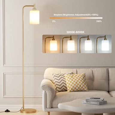 Ziisee Floor Lamps for Living Room - Industrial Standing Lamp with Remote Control Glass Shade, Modern Gold Floor Lamp with LED Bulbs, Tall Lamp for Bedroom Office - Gold - Image 2