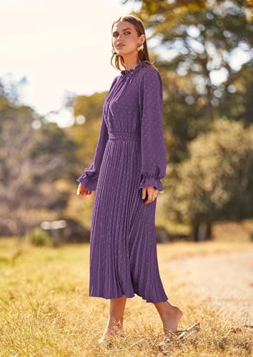 PRETTYGARDEN Women's 2025 Spring Fall Midi Dress Casual Long Sleeve V Neck Swiss Dot Pleated A Line Flowy Dresses (Dark Purple,Large) - Image 4