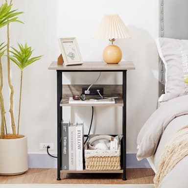 AMHANCIBLE Record Player Stand with Charging Station, Large Turntable with Storage Cabinet holds up to 100 Albums, 3 Tier End Table for Vinyl, Living Room, Grey, HETCD012GY-1 - Image 7