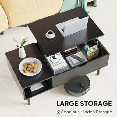 Sweetcrispy Lift Top Coffee Tables for Living Room, Small Rising Wooden Dining Center Tables with Storage Shelf and Hidden Compartment, Classic Black - Image 3