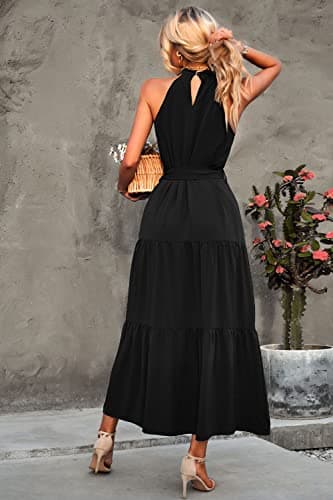 PRETTYGARDEN Women's Summer Maxi Sun Dress Sleeveless Halter Neck Flowy Ruffle Hem Long Boho Dresses with Belt (Solid Black,X-Large) - Image 3