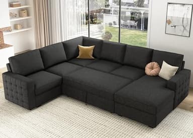HONBAY Sectional Couch with Pull Out Bed, Sectional Sleeper Sofa with Storage, U Shape Couches for Living Room, Dark Grey - Image 5