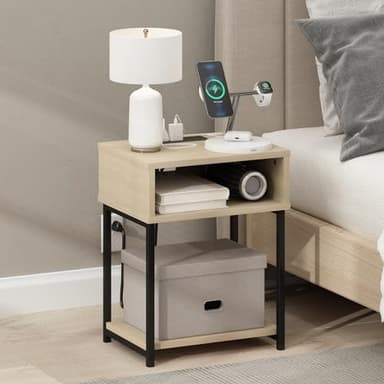 Furinno Moretti USB and Type-C Charging Port Open Storage Side Table with Metal Frame, Bauhaus Oak - Image 2