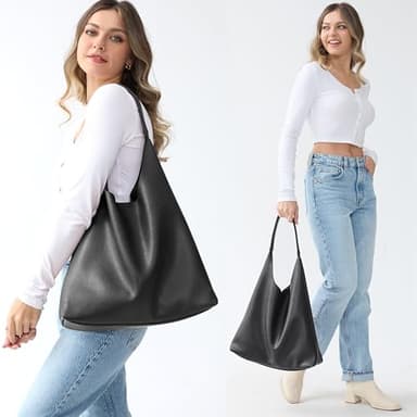 Hobo Bags for Women Soft Vegan Leather Shoulder Handbag Slouchy Tote Purses (Black) - Image 2