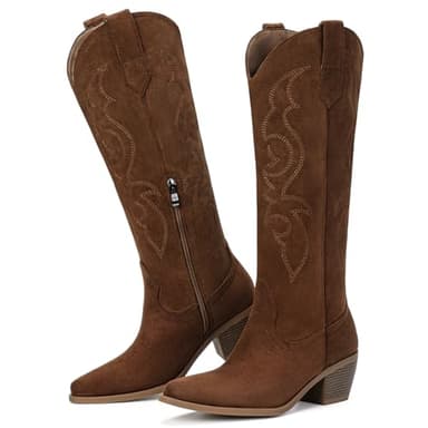 Platikly Brown Cowboy Boots for Women - Embroidered Western Cowgirl Boots Suede Leather, Wide Calf Knee High Tall Footwear, Pointed Toe Chunky Heel Pull On Zipper Classic Retro Country US 8 Wide - Image 5