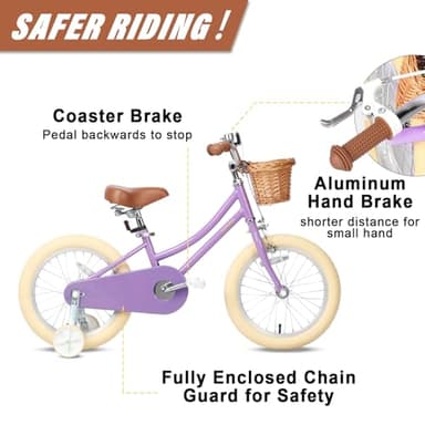 Petimini 16 Inch Little Kids Bike for Age 4 5 6 7 Years Old Girls Retro Vintage Style Bicycles with Basket Training Wheels and Bell, Purple - Image 2