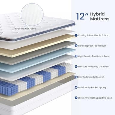 Dourxi Twin XL Mattress, 12 Inch Twin XL Medium Hybrid Mattress in a Box with Gel Memory Foam, Individually Pocketed Springs for Support and Pressure Relief, 100-Night Trial - Image 3
