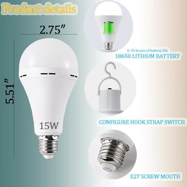 White Rechargeable Emergency 15W LED Light Bulb,Stay Lights Up When Power Failure,100W Equivalent,1500lm,White Light 6000K,E26/27 Base,2200mAh Lithium Battery (6Pack) - Image 3