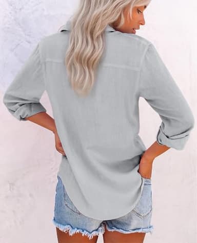 Womens Button Down Shirts Cotton Dress Shirts Oxford Shirts Long Sleeve Work Blouses Collared Tops Tunics with Pocket-Light Gray XL - Image 3