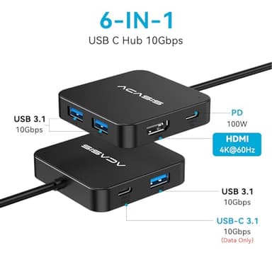 ACASIS USB C Hub 10Gbps, 6-in-1 Multiport Adapter with 4K 60Hz HDMI, 100W Power Delivery, USB A3.2 Data Port, USB C to HDMI Adapter for MacBook, Dell, Lenovo, Surface, iPad PRO, XPS(Black) - Image 2