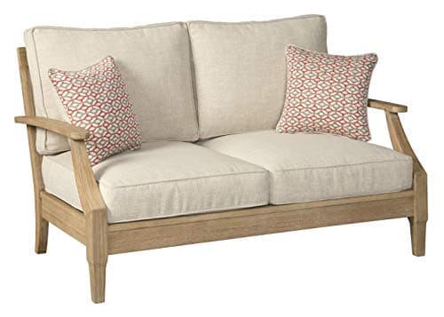 Signature Design by Ashley Clare View Coastal Outdoor Patio Eucalyptus Loveseat with Cushions, Beige - Image 1