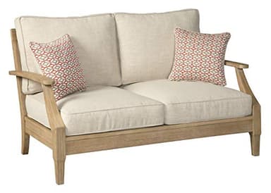 Signature Design by Ashley Clare View Coastal Outdoor Patio Eucalyptus Loveseat with Cushions, Beige - Image 1