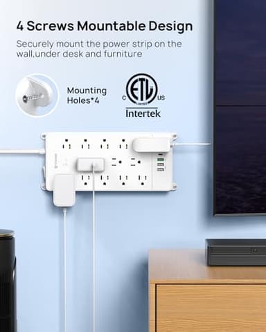 TROND Surge Protector Power Strip 10 ft, Flat Plug Long Extension Cord, 13 Wide Spaced Outlets, 4000 Joules, 32W Quick Charge 3.0 & USB C, Wall Mount, Under Desk, Heavy Duty, ETL Listed, White - Image 5