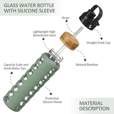 MUKOKO 32oz Glass Water Bottles with 2 Lids-Handle Spout Lid&Bamboo Straw Lid, Motivational Water Tumbler with Time Marker Reminder and Silicone Sleeve, Leakproof-Olive-1 Pack - Image 4