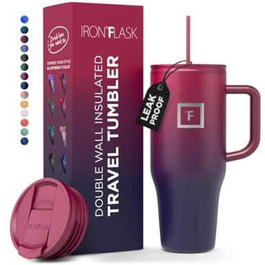 IRON °FLASK Co-Pilot Insulated Mug w/Straw & Flip Cap Lids - Cup Holder Bottle for Hot, Cold Drink - Leak-Proof - Water, Coffee Portable Travel Mug - Dark Rainbow, 40 Oz - Image 1