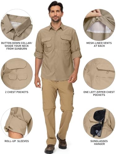 linlon Mens Safari Shirts Long Sleeve UV Protection Hiking Fishing UPF 50+ Quick Dry Cooling Camping Travel Shirts#5066-Khaki-XL - Image 5