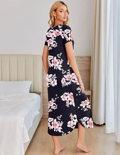 Ekouaer Long Nightgowns for Women Soft House Dress Pleated Front Nightshirt Full Length Loungwear Black Pink Flowers XL - Image 3