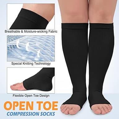 3 Pack Plus Size Open Toe Compression Socks for Women & Men Wide Calf, Toeless Knee High Stockings for Circulation Support, Black White Gray XX-Large - Image 3