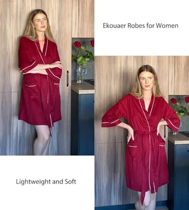Ekouaer Women Robes Waffle Knee Length Bathrobe Lightweight Soft Sleepwear V neck 3/4 Sleeve Casual Ladies Loungewear Wine Red S - Image 4