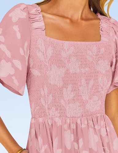 ZESICA Women's Summer Boho Floral Midi Dresses 2025 Casual Short Sleeve Square Neck Flowy Beach Vacation Long Dress,Pink,X-Large - Image 7