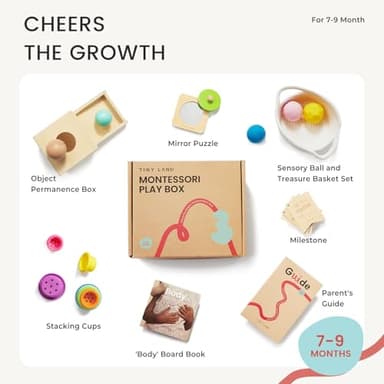 Tiny Land Montessori Toy Set for Babies 7-9 Months Senser Play Kit - 5-in-1 Wooden Learning Toys with Object Permanence Box, Sensory Ball, Stacking Cups and Mirror Puzzle,Body Board Book - Image 2