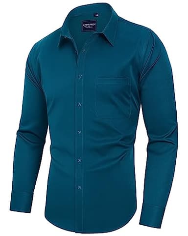 Alimens & Gentle Men's Dress Shirts Long Sleeve Wrinkle-Free Stretch Shirts Solid Formal Button Down Shirt with Pocket Green - Image 1